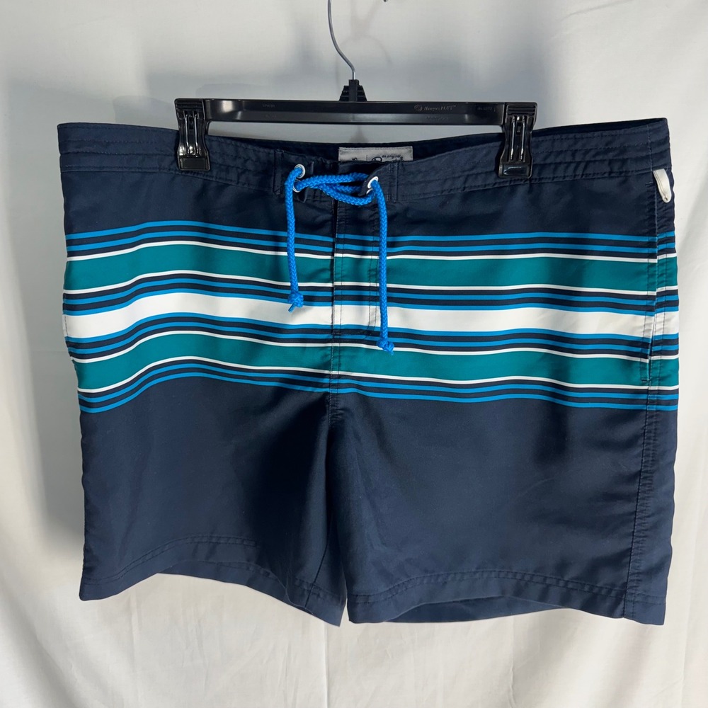 Original Penguin Swim Trunks Mens 38 Navy Blue Striped Board Shorts OP4242